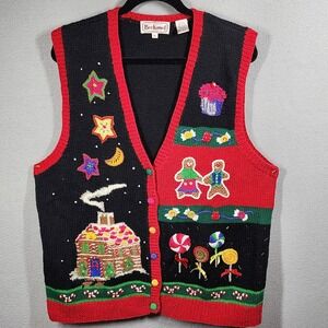 Vintage Bechamel Sweater Vest Womens XL Black Gingerbread Candy Christmas 90s